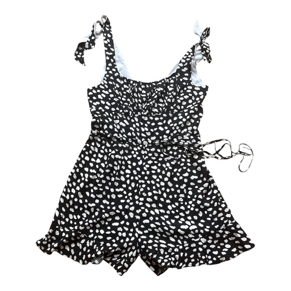 Pants - Black White Polka Dot Romper Tie Shoulder Ruffle Hem Sleeveless Sunsuit S
